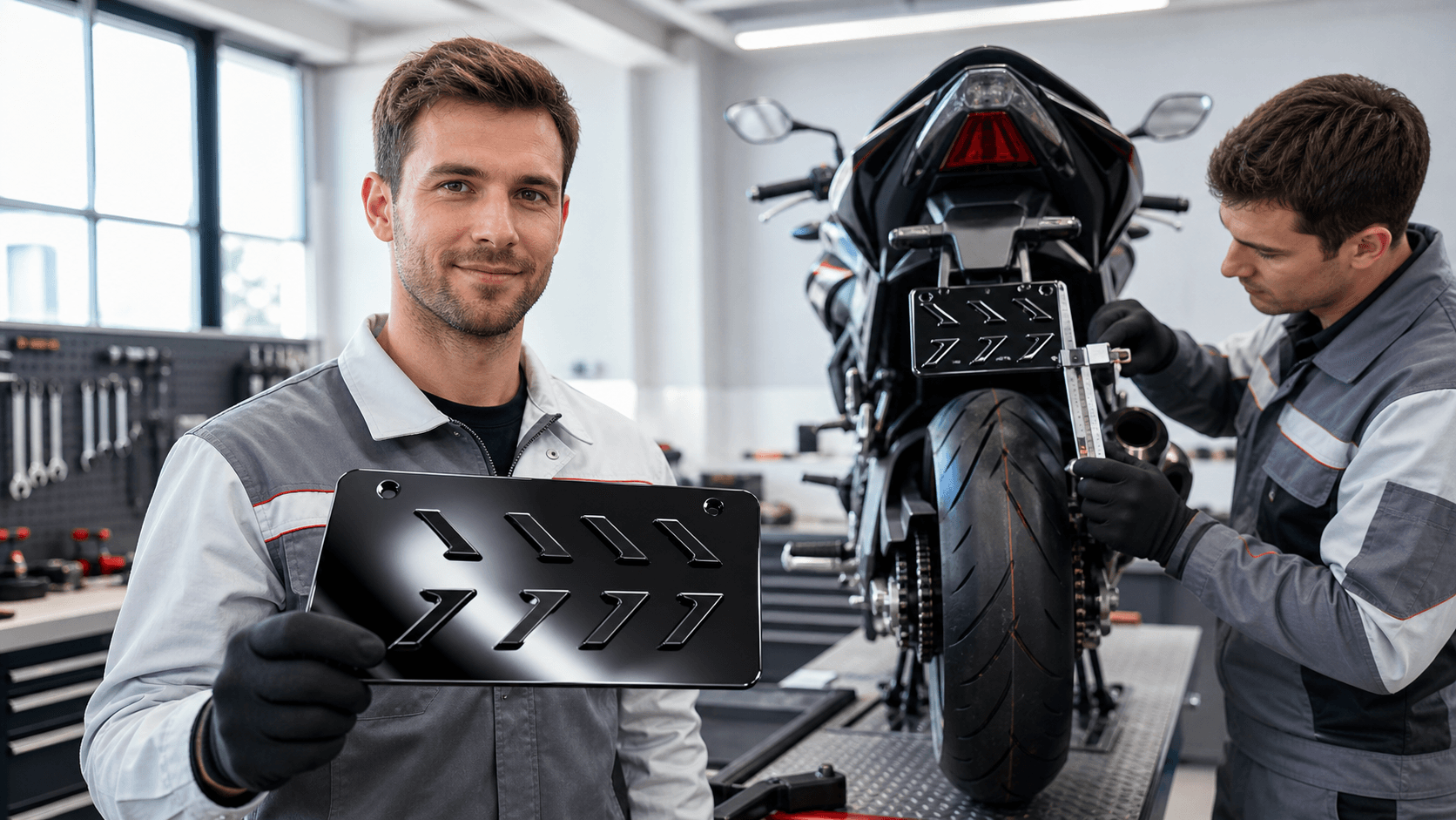 Close-up of a motorcycle rear with a glossy black 4D laser-cut license plate under bright daylight.