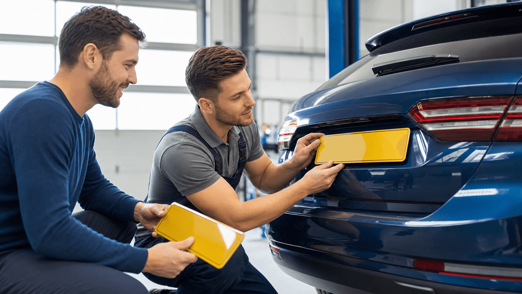 Close-up of hands swapping a shiny white license plate on a car bumper in bright daylight.