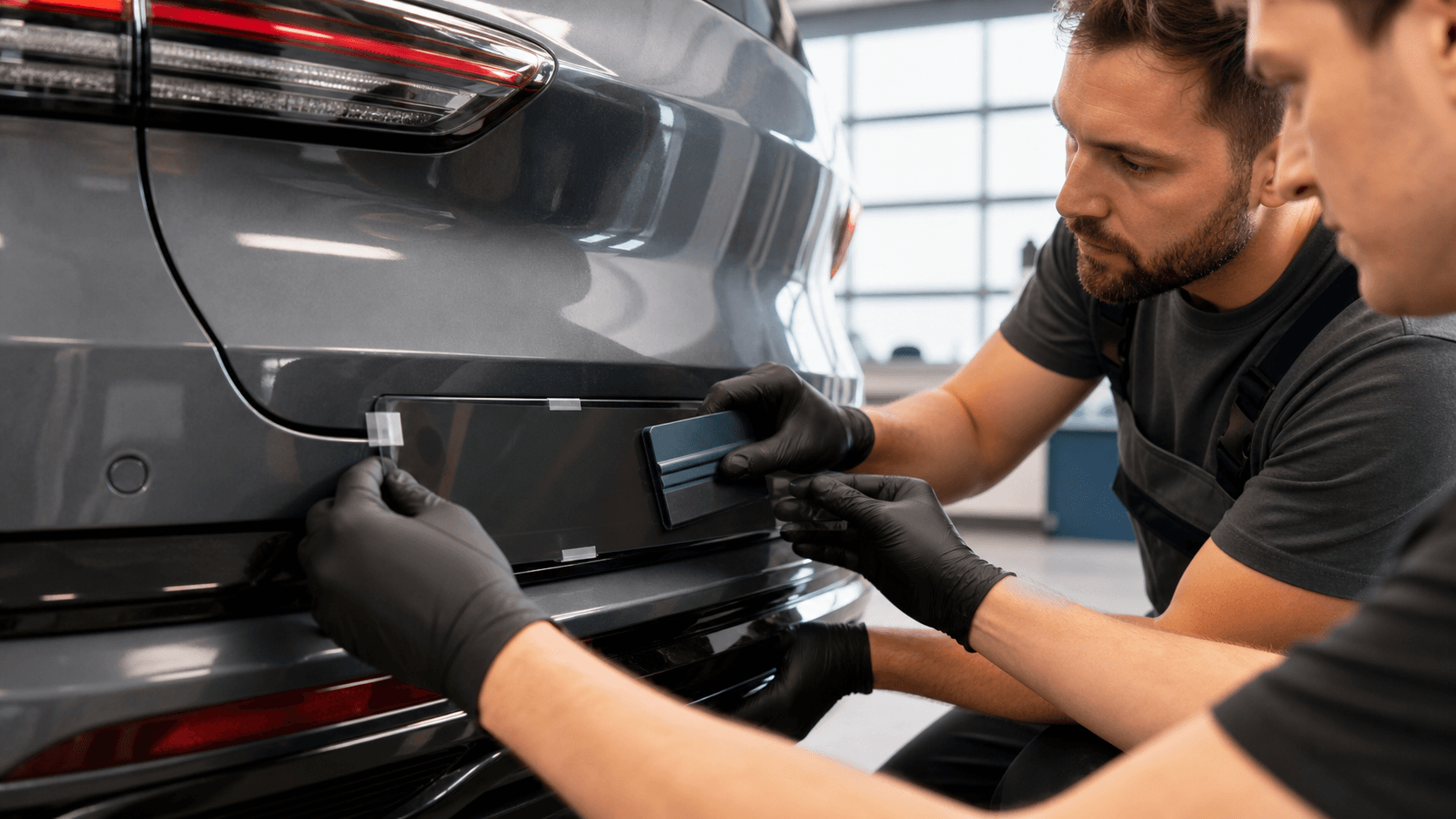 Close-up of hands aligning a white license plate onto a curved car bumper, with adhesive strips in bright daylight.